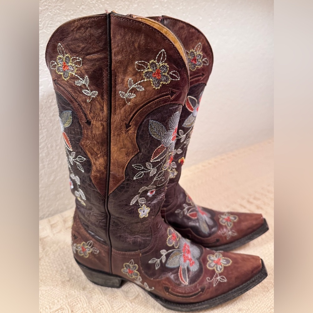 Old Gringo Bonnie Brass Floral Embroidered Leather Western Boots Brown Tall 8.5 - Picture 6 of 12